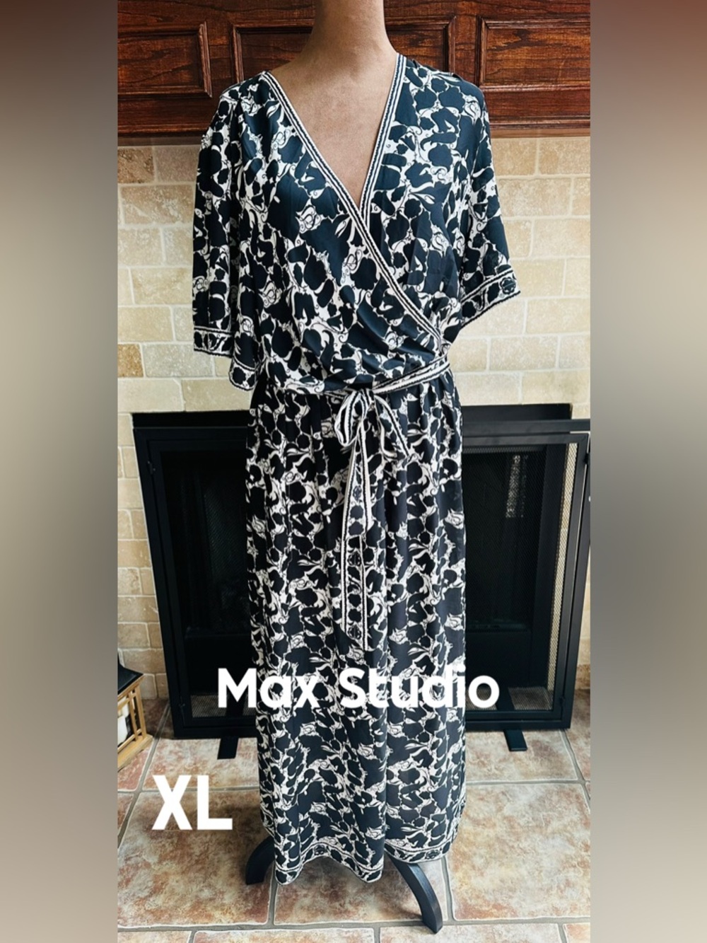 Max Studio Black and White Floral Wrap Maxi Dress